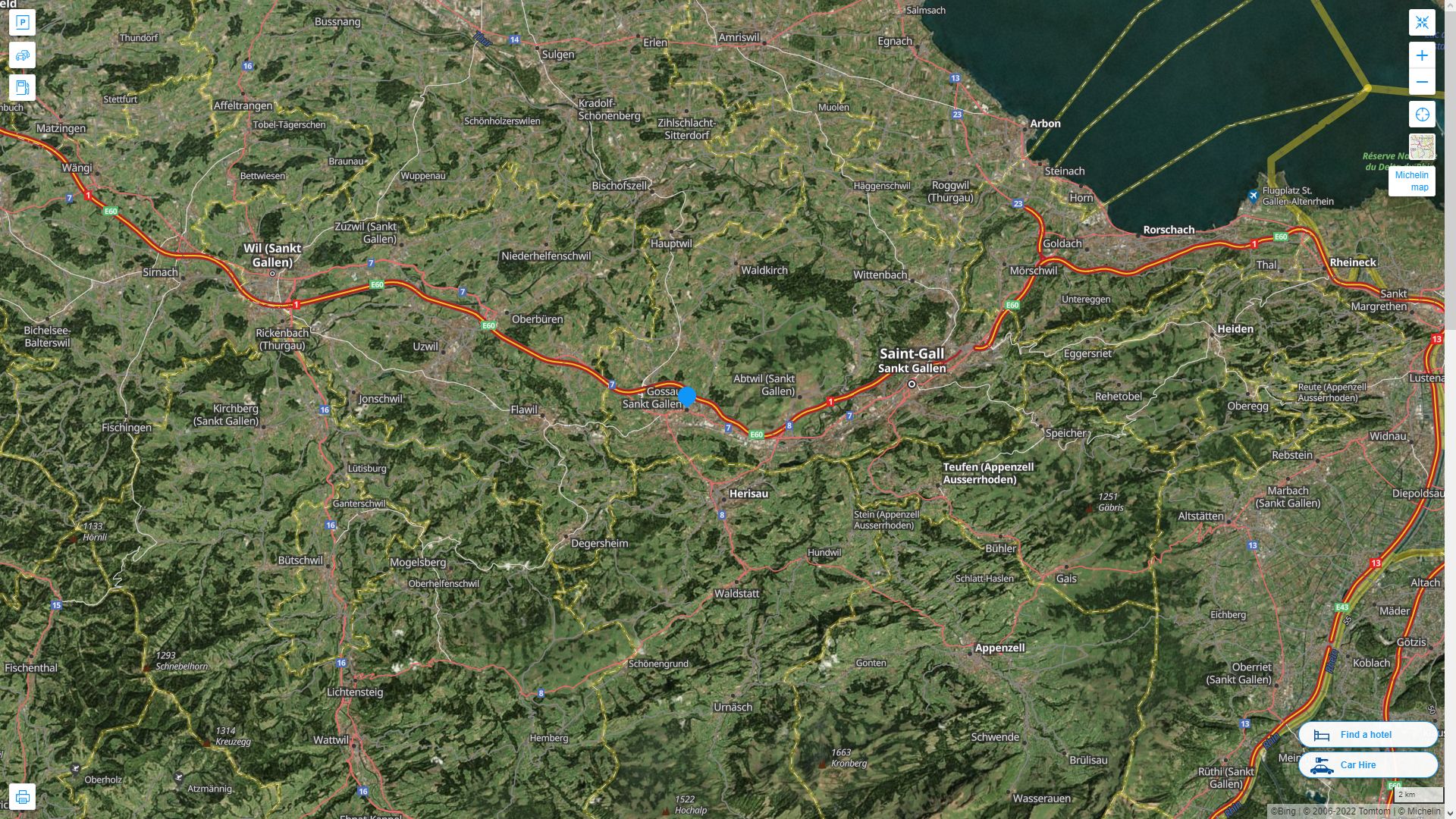 Gossau Suisse Autoroute et carte routiere avec vue satellite